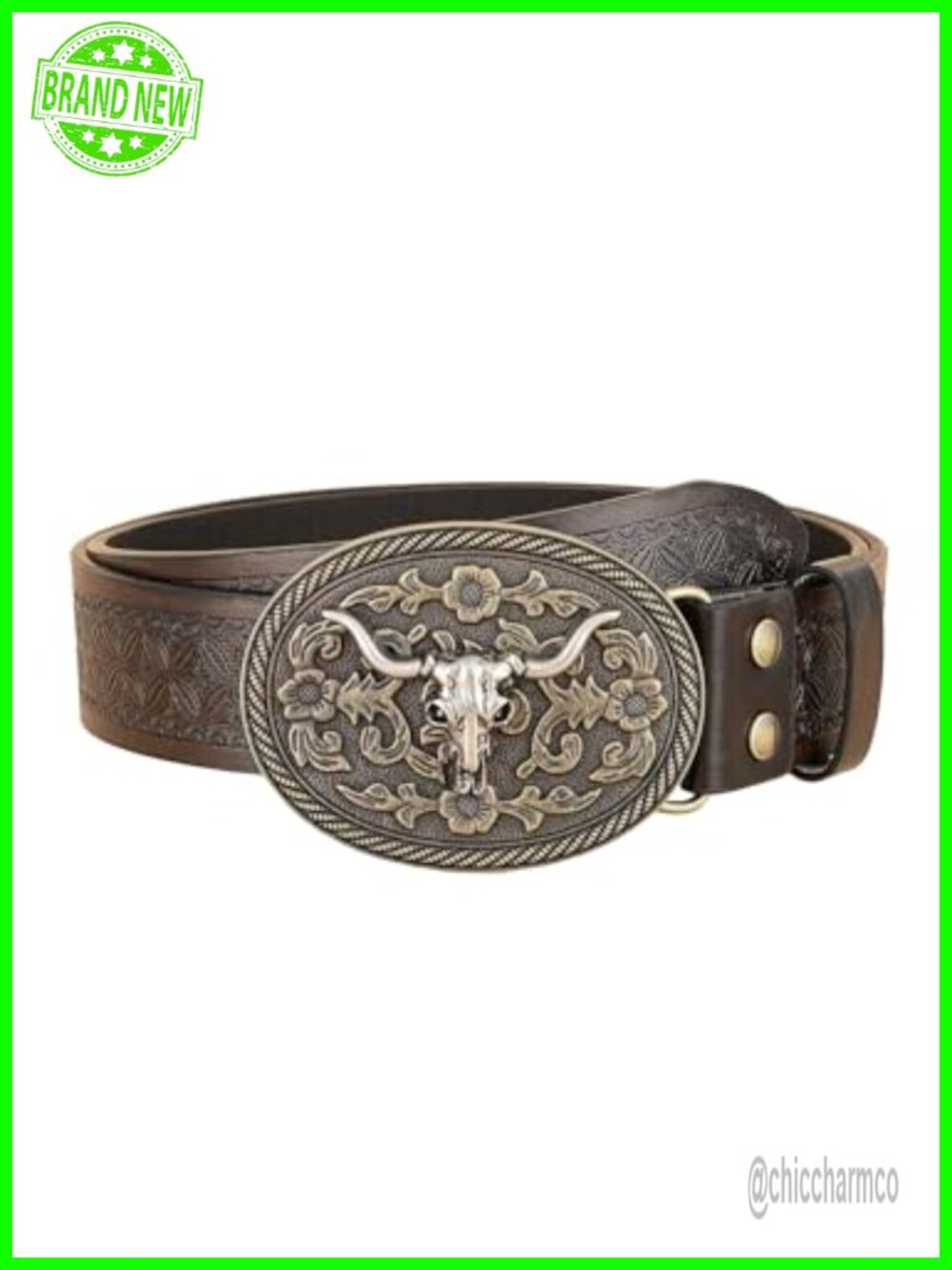 Faux Leather Western Belt Oval Buckle Floral Carved Retro Cowgirl Style